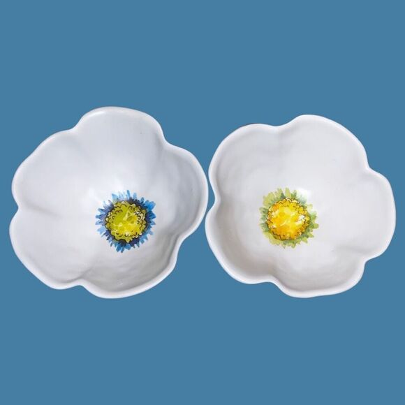 2 Merritt Melamine Green & Blue Floral Sketchbook Watercolor Look Salad Bowls - Picture 1 of 4